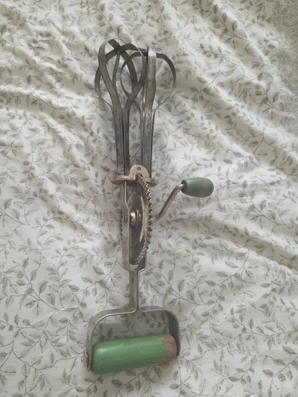 Vintage A & J Metal Hand Beater with Green Wooden Handle